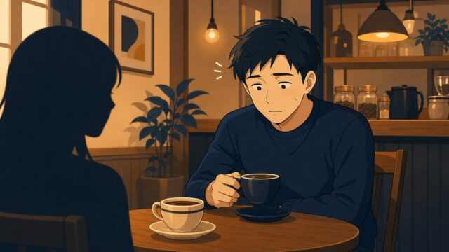 カフェで同時進行を聞かれて固まる男性のイラスト