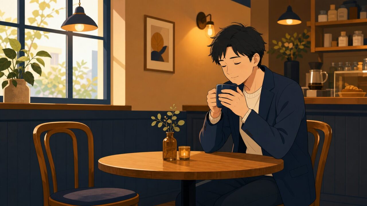 カフェで深呼吸する30代男性のイラスト