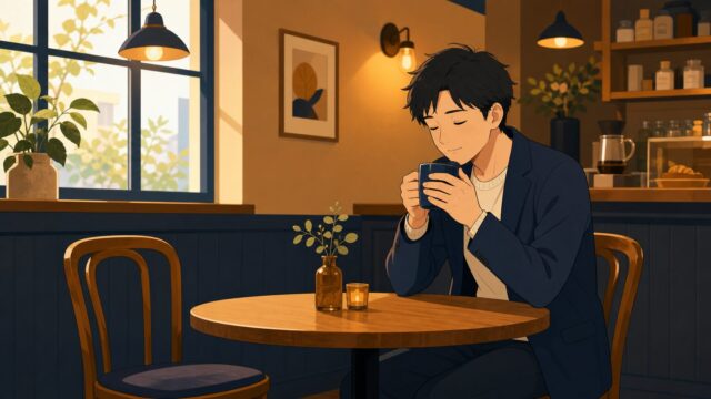 カフェで深呼吸する30代男性のイラスト