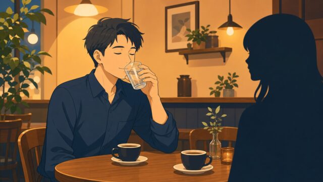 カフェで水を飲んで肩の力が抜けた男性のイラスト