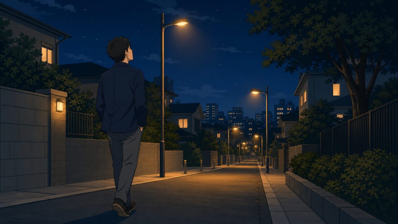 夜の帰り道を前向きに歩く30代男性のイラスト