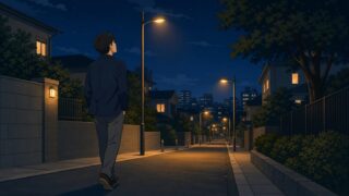 夜の帰り道を前向きに歩く30代男性のイラスト