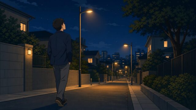夜の帰り道を前向きに歩く30代男性のイラスト