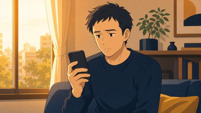 マッチングアプリのフェードアウト予兆を感じた男性が不安そうにスマホを見るイラスト