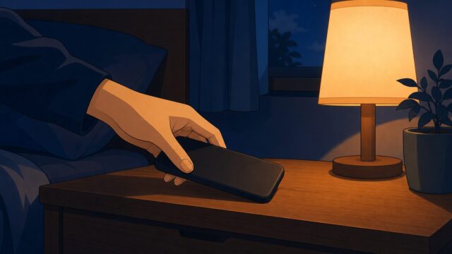 マッチングアプリでフェードアウトされた夜に男性がスマホを伏せる手元のイラスト