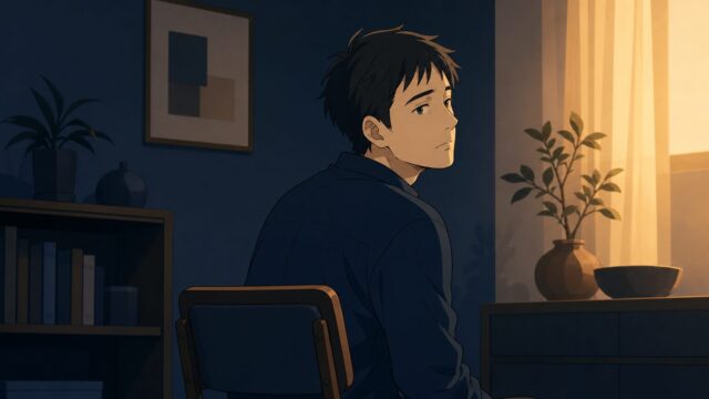「どうせ俺なんて」と斜に構えて降りていた姿勢から、暖色の光のほうへ顔を少し戻す30代男性のイラスト