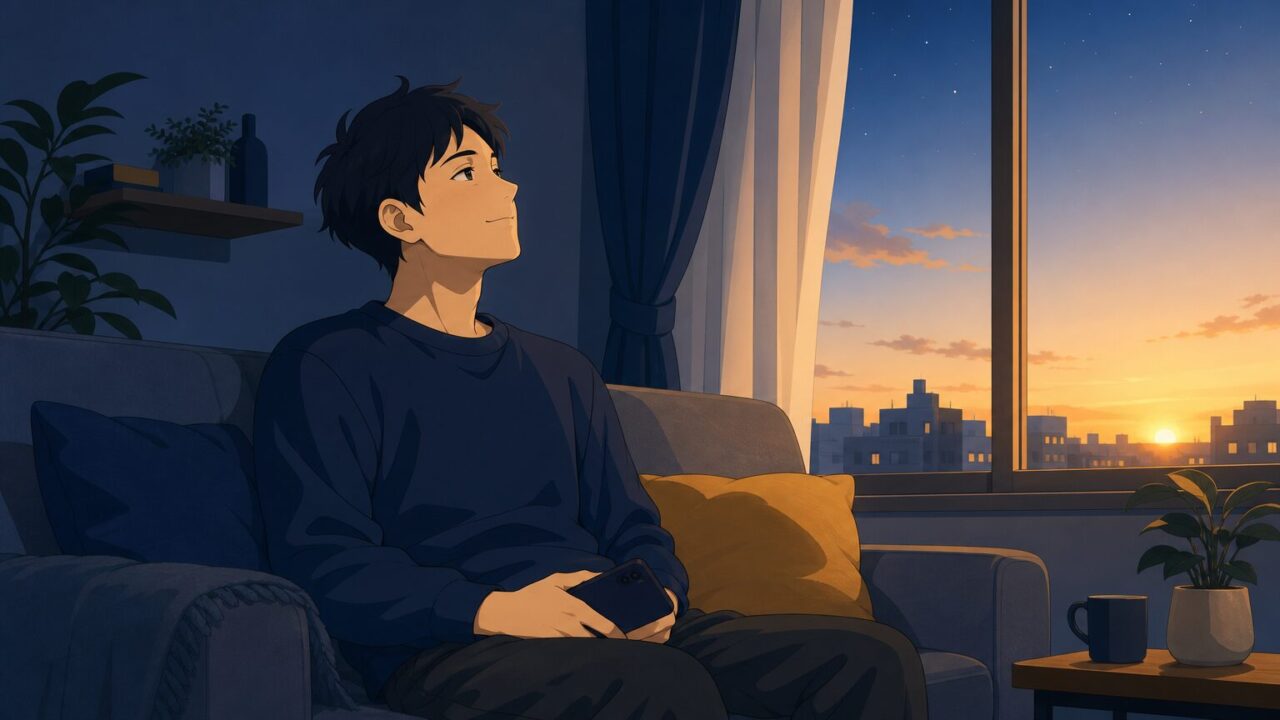 マッチングアプリで既読スルーされ、返信を待つ夜が明けて線を引き前を向く30代男性のイラスト
