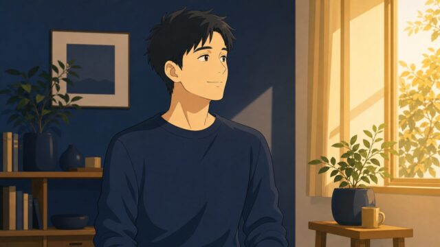 マッチングアプリで人間不信になりかけ、腕組みの身構えがほどけて肩の力が抜ける30代男性のイラスト
