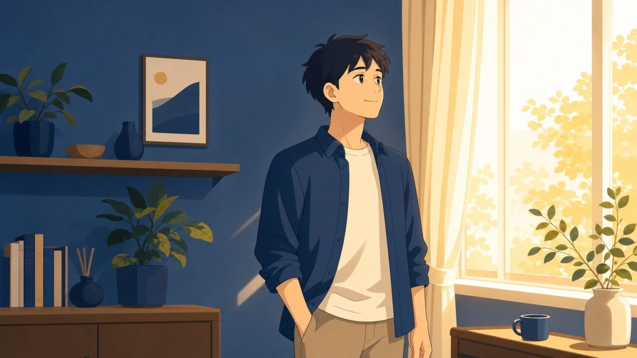 30代で恋愛経験がない自分を等身大に受け入れ、朝の窓辺で前を向く男性のイラスト