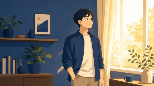 30代で恋愛経験がない自分を等身大に受け入れ、朝の窓辺で前を向く男性のイラスト