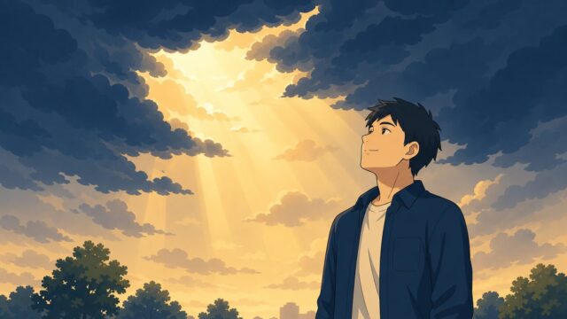 「気持ち悪いと思われてないか」という世間の声(重い曇り)が晴れ、見上げて肩の力が抜ける30代男性のイラスト