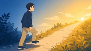 恋愛経験ゼロから、なだらかな小道の起点でいちばん小さい一歩を踏み出す30代男性のイラスト