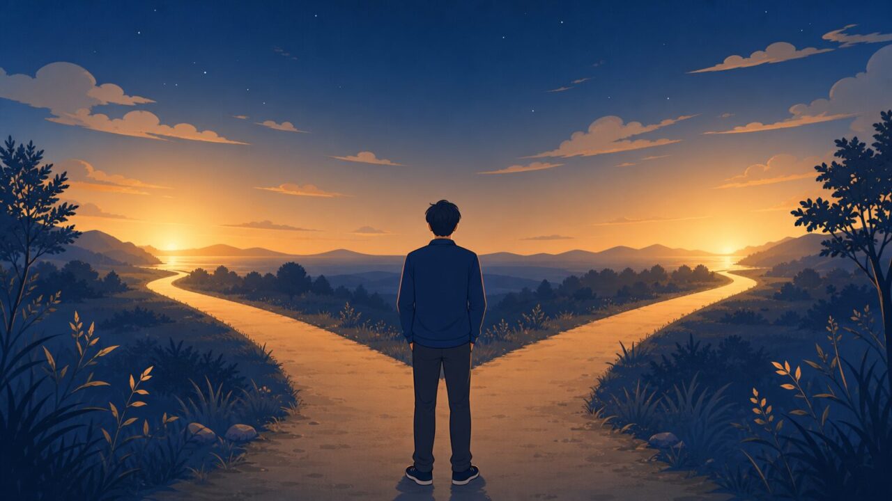マッチングアプリと結婚相談所どっちか迷う30代男性が夕暮れの分かれ道に立つイラスト
