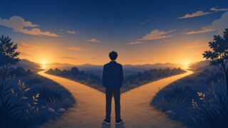 マッチングアプリと結婚相談所どっちか迷う30代男性が夕暮れの分かれ道に立つイラスト