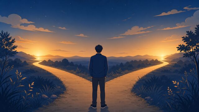 マッチングアプリと結婚相談所どっちか迷う30代男性が夕暮れの分かれ道に立つイラスト