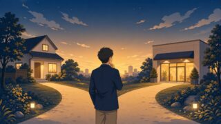 オンライン結婚相談所と店舗型の違いを比べる30代男性が自宅と店舗の分かれ道に立つイラスト