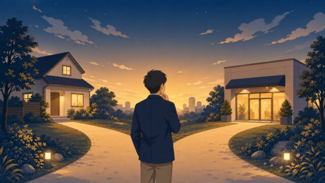 オンライン結婚相談所と店舗型の違いを比べる30代男性が自宅と店舗の分かれ道に立つイラスト