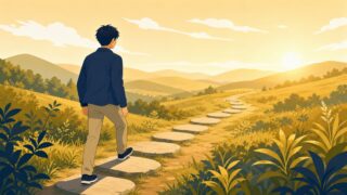 婚活を何から始めるか迷う30代男性が踏み石の道へ一歩を踏み出すイラスト