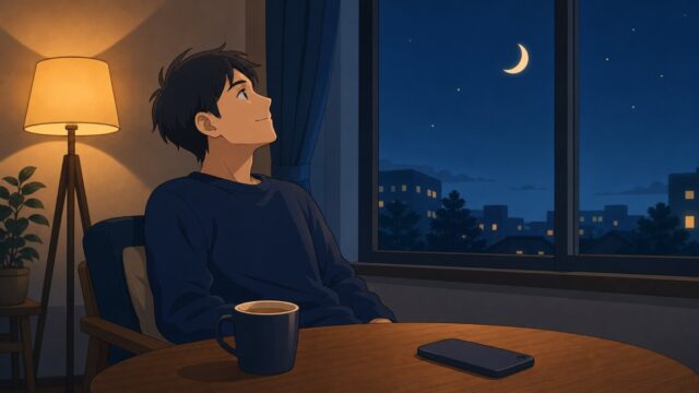 婚活がしんどい・やめたい30代男性が夜の窓辺で一息つくイラスト