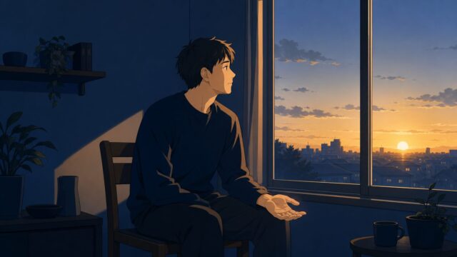 明け方の窓辺の椅子に座り、ひざの上で手をゆるく開いて夜明けの空を見つめる30代男性のイラスト