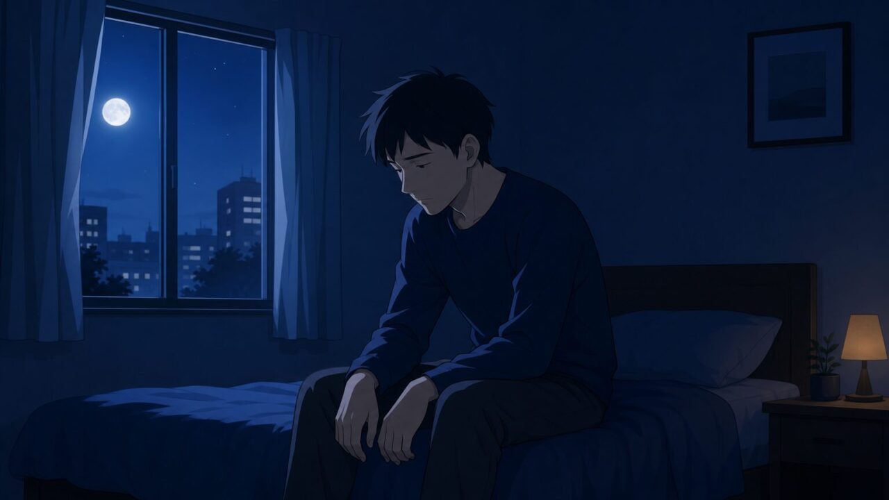 夜、暗い部屋でベッドの端に一人腰掛け、うつむく30代男性のイラスト。窓から月明かりが差し込む静かな夜