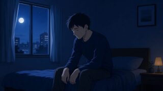 夜、暗い部屋でベッドの端に一人腰掛け、うつむく30代男性のイラスト。窓から月明かりが差し込む静かな夜