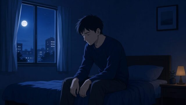 夜、暗い部屋でベッドの端に一人腰掛け、うつむく30代男性のイラスト。窓から月明かりが差し込む静かな夜