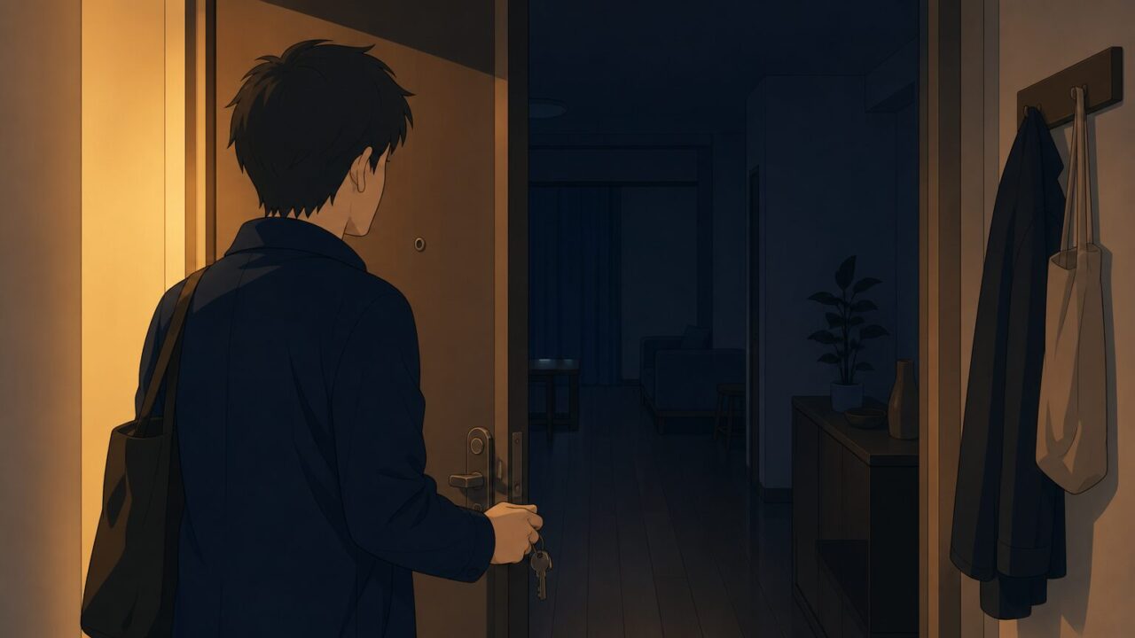 夕方、鍵を手に自室のドアを開け、暗い部屋へ入ろうとする30代男性の後ろ姿のイラスト