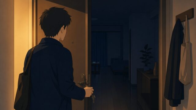 夕方、鍵を手に自室のドアを開け、暗い部屋へ入ろうとする30代男性の後ろ姿のイラスト