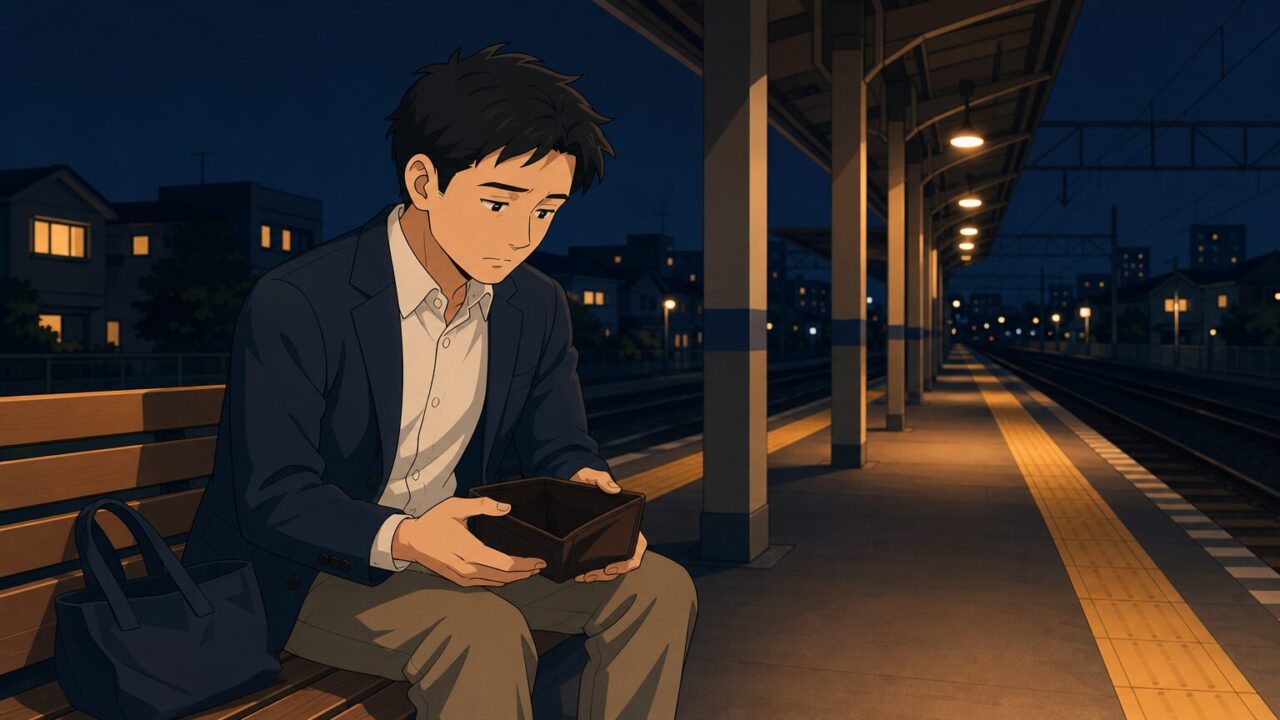 夜の駅のホームのベンチで、デート帰りに開いた財布を見つめる30代男性のイラスト