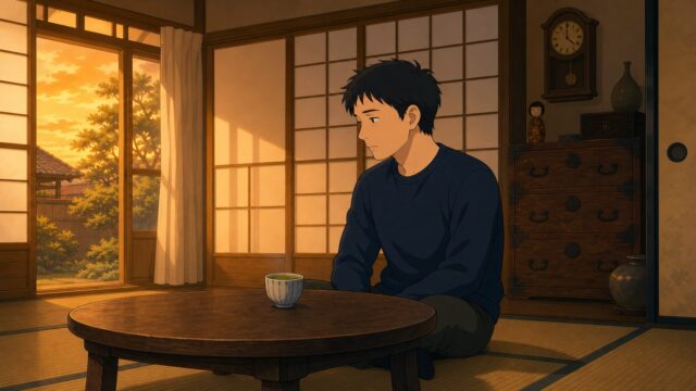 実家の和室で卓袱台の前に一人座り、お茶を前にうつむく30代男性のイラスト