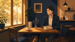 夕方のカフェで、空いた向かいの席と2つのコーヒーカップを前に一人座る30代男性のイラスト
