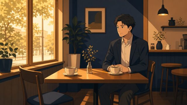 夕方のカフェで、空いた向かいの席と2つのコーヒーカップを前に一人座る30代男性のイラスト