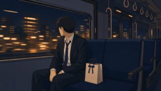 夜の帰りの電車で、引き出物の紙袋を隣に置きスーツ姿で一人車窓を見る30代男性のイラスト