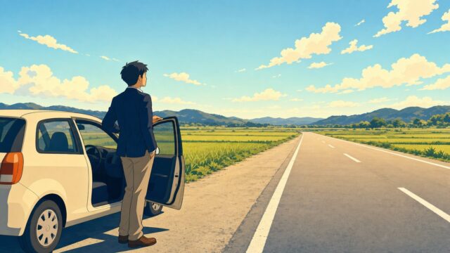 田舎の一本道の路肩で、車の運転席のドアを開けたまま立ち、これから向かう道の先を静かに見ている30代男性のイラスト