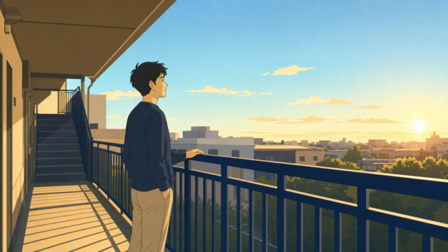 朝日がのぼる集合住宅の外廊下で、手ぶらで手すりに手をかけ一日の始まりを見ている30代男性のイラスト