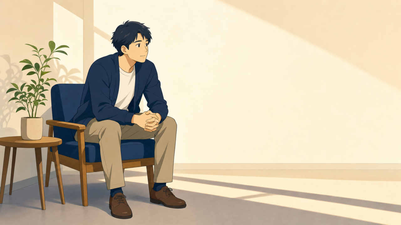 明るい待合スペースの椅子に一人で座り、手ぶらのまま前を見ている30代男性のイラスト
